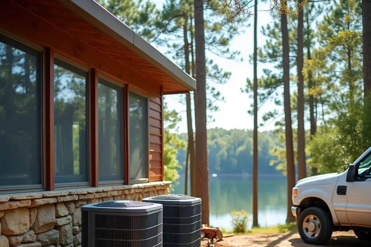 Two outdoor condensers beside a large lake home on a wooded lot in Lexington County, SC