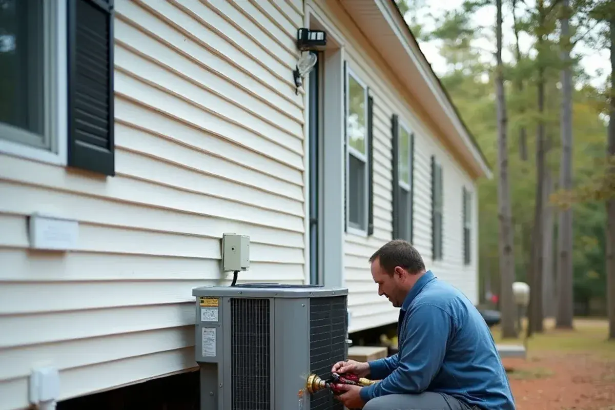 Packaged heat pump connected to a single-wide manufactured home on piers in rural Lexington County