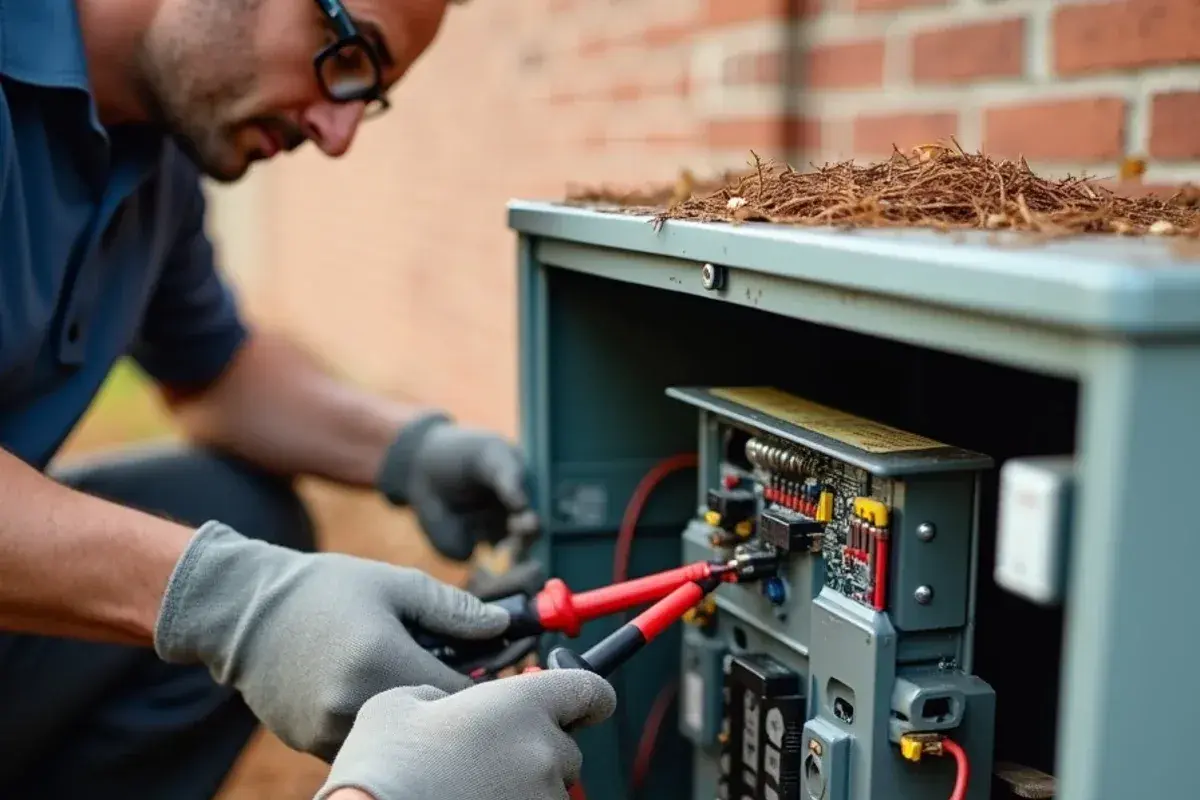 Technician testing a heat pump defrost control board during a repair in Oak Grove