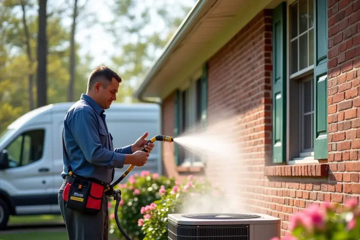 Technician rinsing pollen from an outdoor coil during a spring maintenance visit in Oak Grove, SC