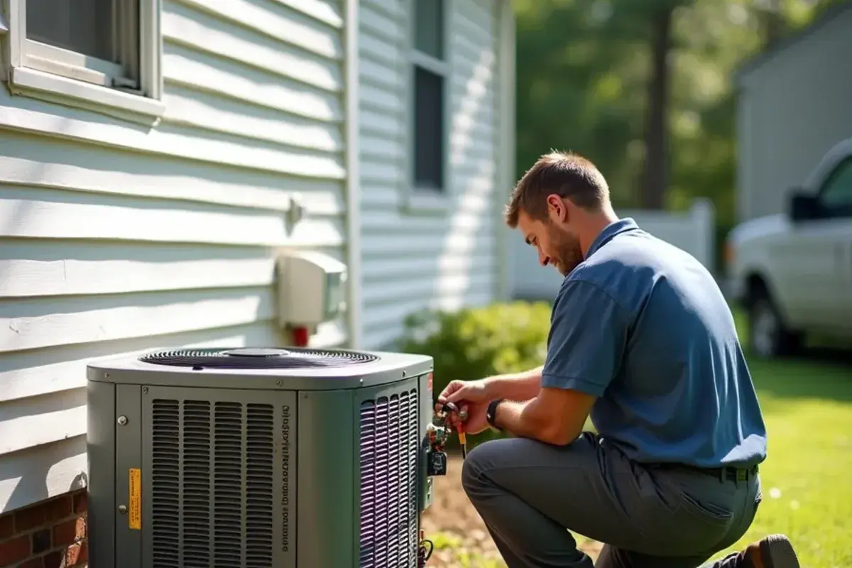 Original builder-grade AC condenser beside a two-story home in Red Bank, SC