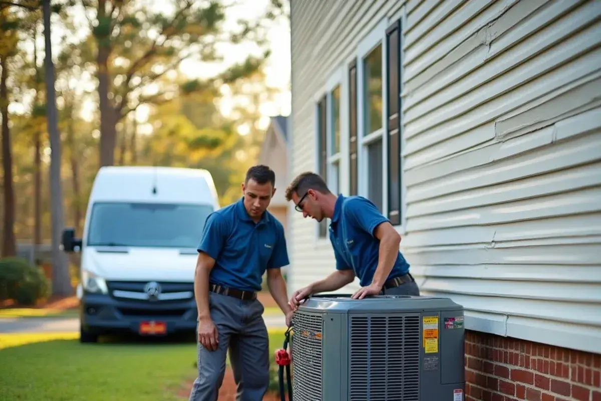 New outdoor unit being set on a pad during an AC replacement at a Red Bank home