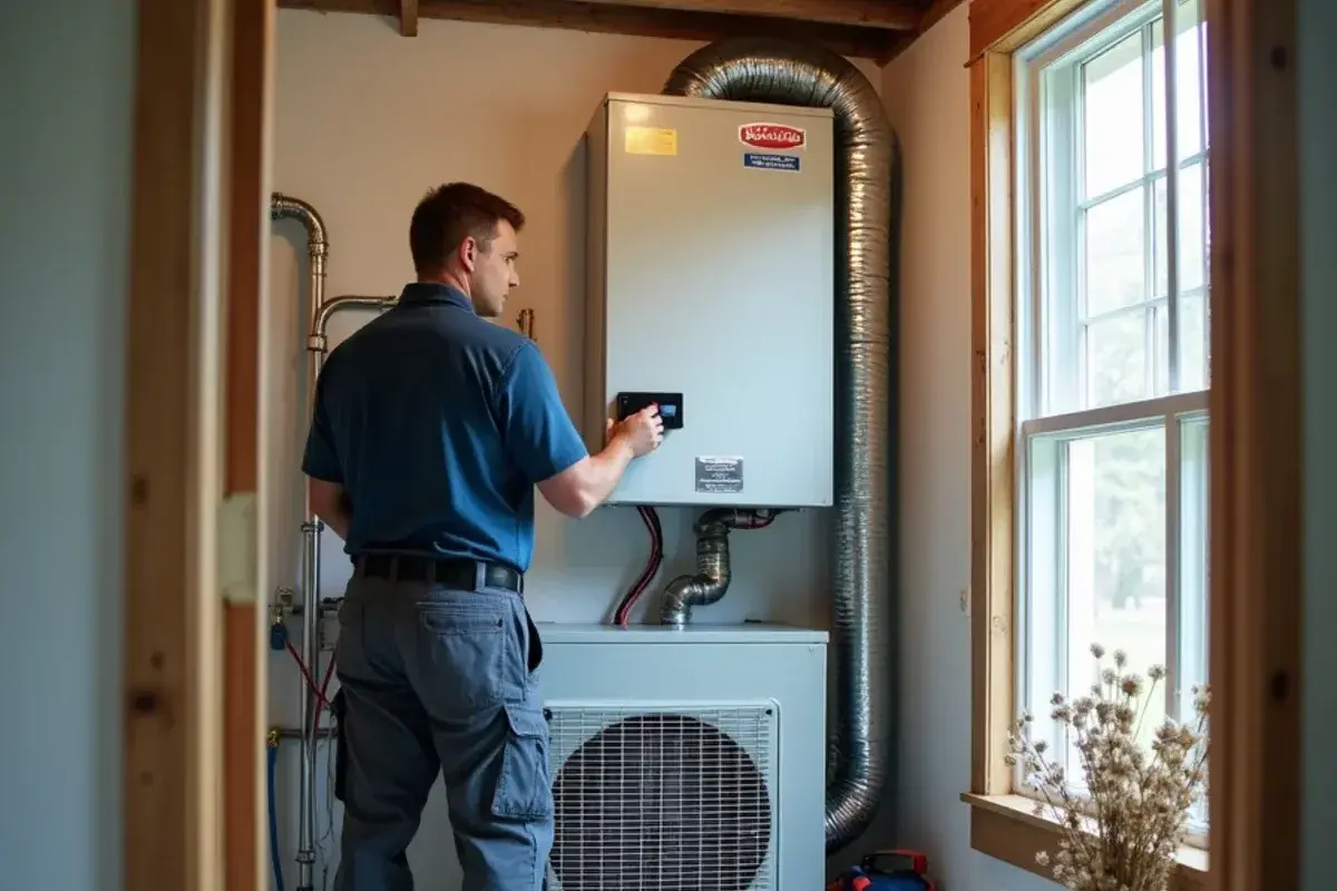 Whole-home dehumidifier ducted beside an air handler in a split-level home in Seven Oaks, SC