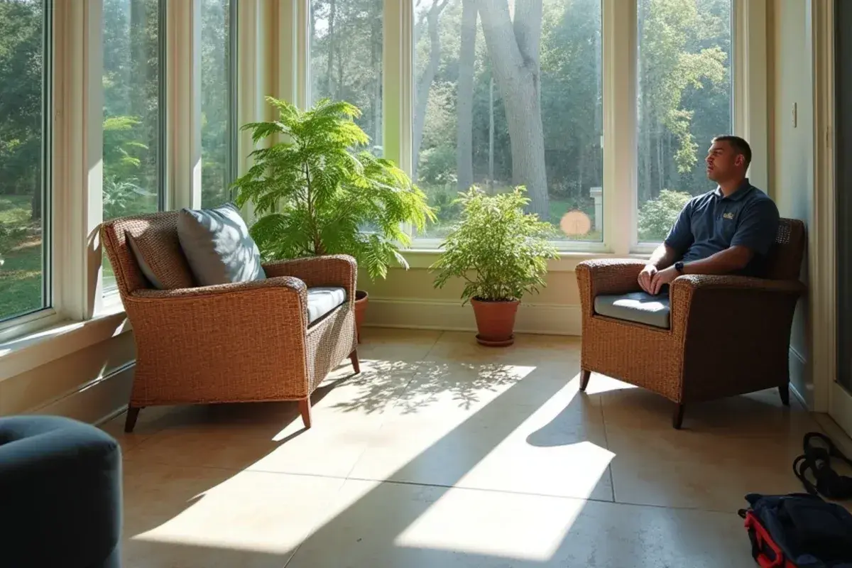 Ductless mini-split head above the windows of a sunroom addition on a Seven Oaks home