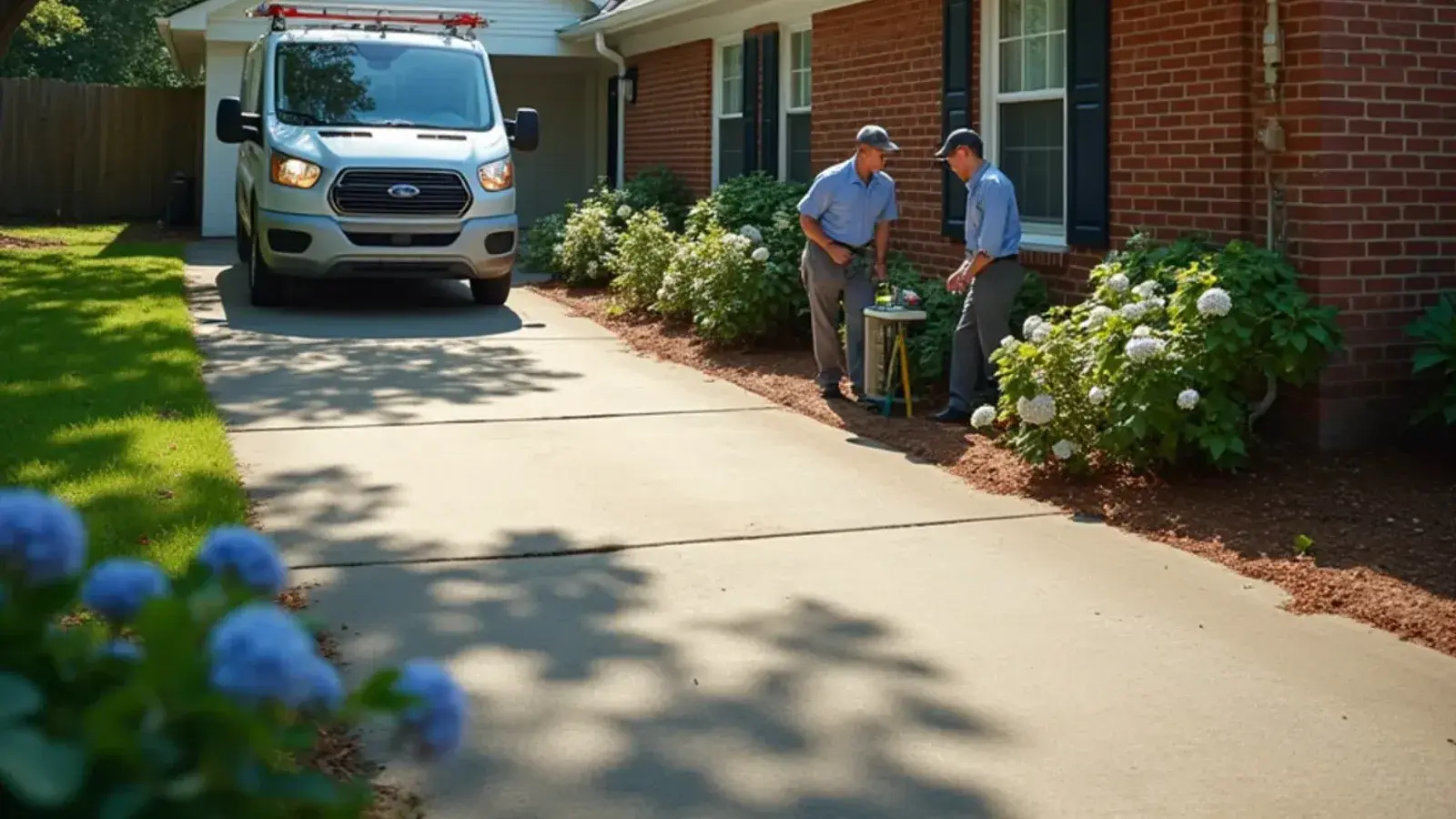 Split-level 1970s home with a brick lower story and condenser in midsummer heat in Seven Oaks, SC