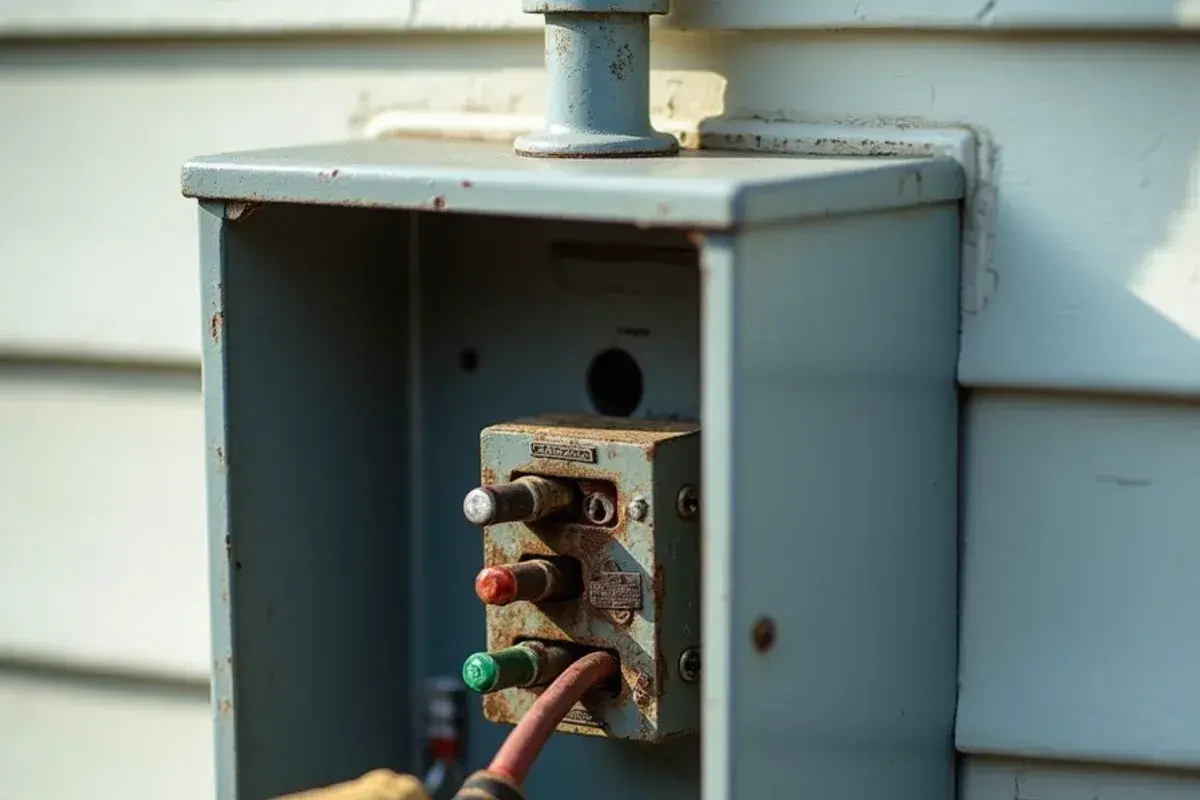 Open AC disconnect box with corroded lugs and a rusted pull-out block on a South Congaree home