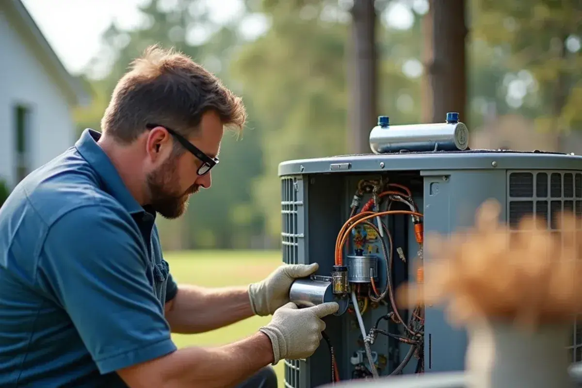 New run capacitor being fitted inside an aging condenser behind a ranch house in eastern Lexington County
