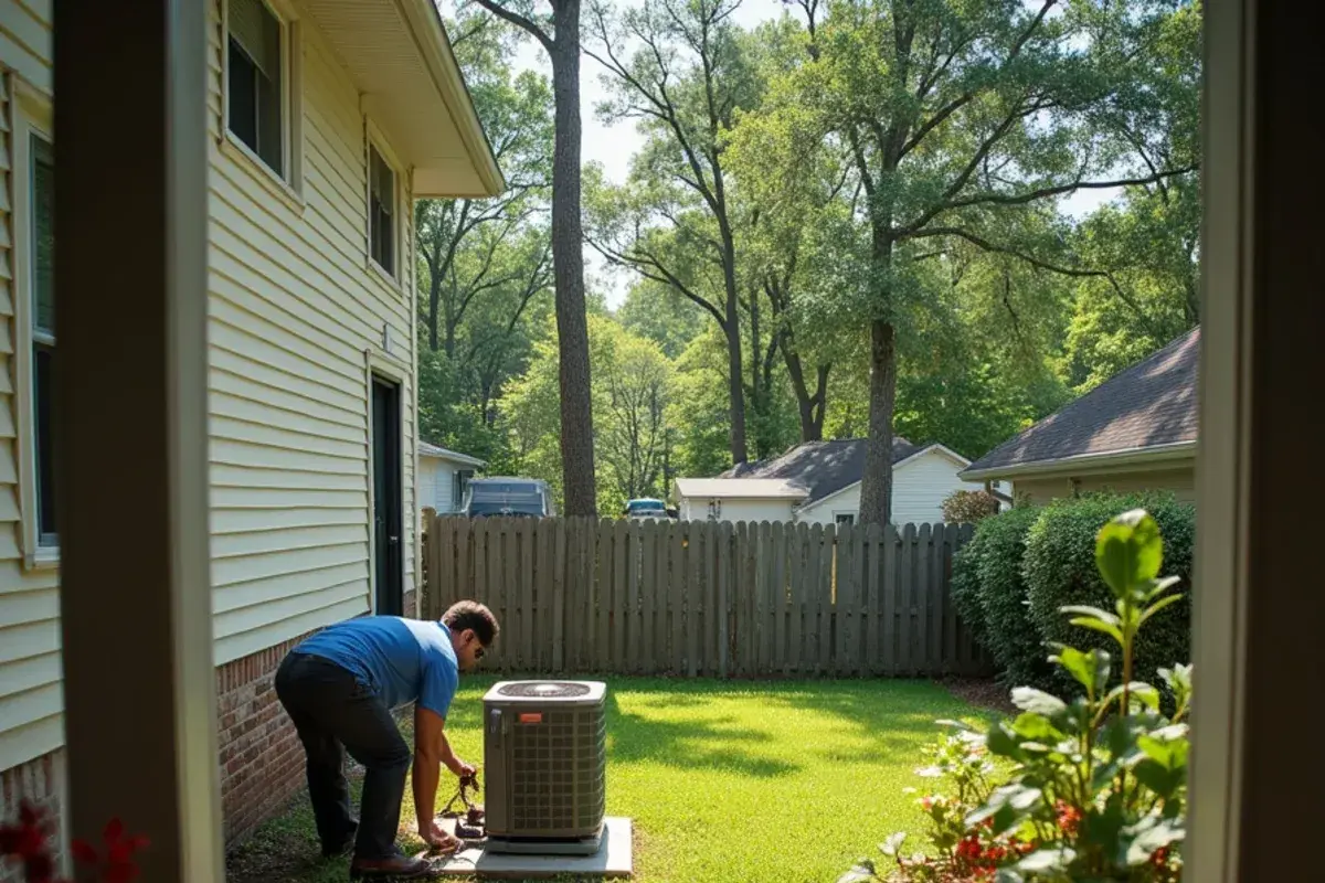 Condenser on a concrete pad in a backyard edged by creek-bottom hardwoods in South Congaree