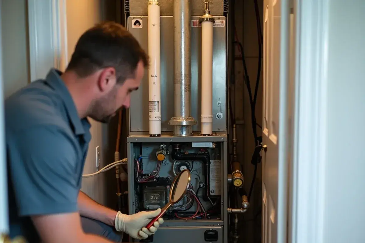Older gas furnace in a hall closet with the burner door off during an inspection in Springdale, SC