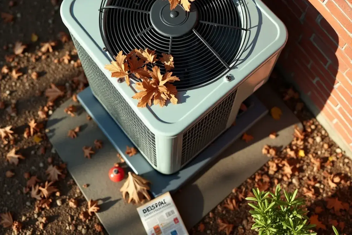 Air conditioner condenser surrounded by oak leaves and acorns beside a brick house in Springdale