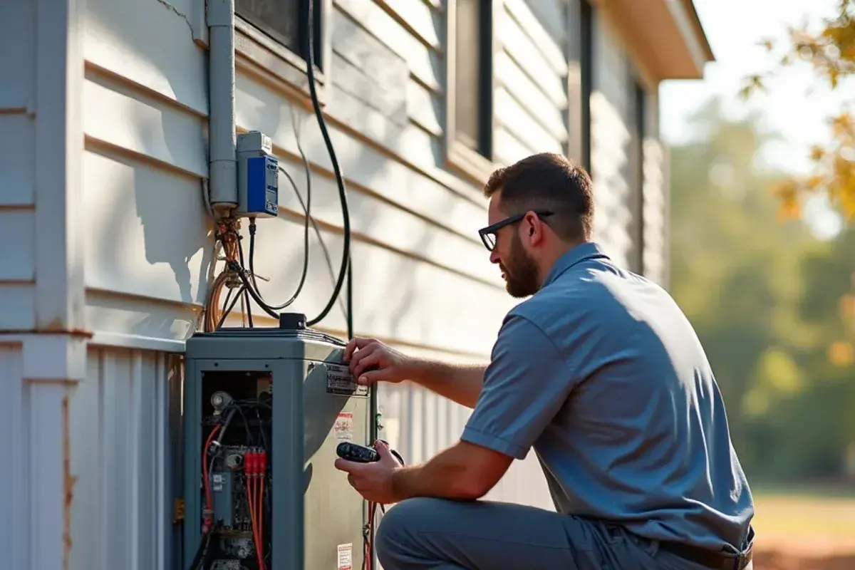 Technician removing the service panel on a packaged heat pump beside a manufactured home in White Knoll
