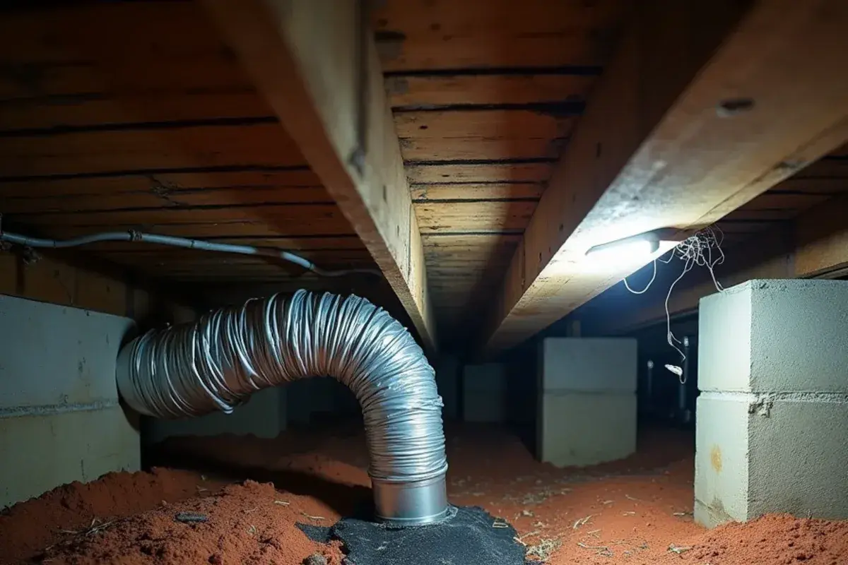 Flexible crossover duct and torn belly wrap under a manufactured home in White Knoll, SC