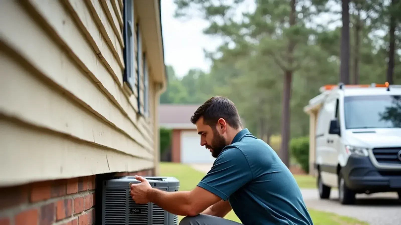 Technician connecting a duct collar between a packaged heat pump and a doublewide in White Knoll, SC