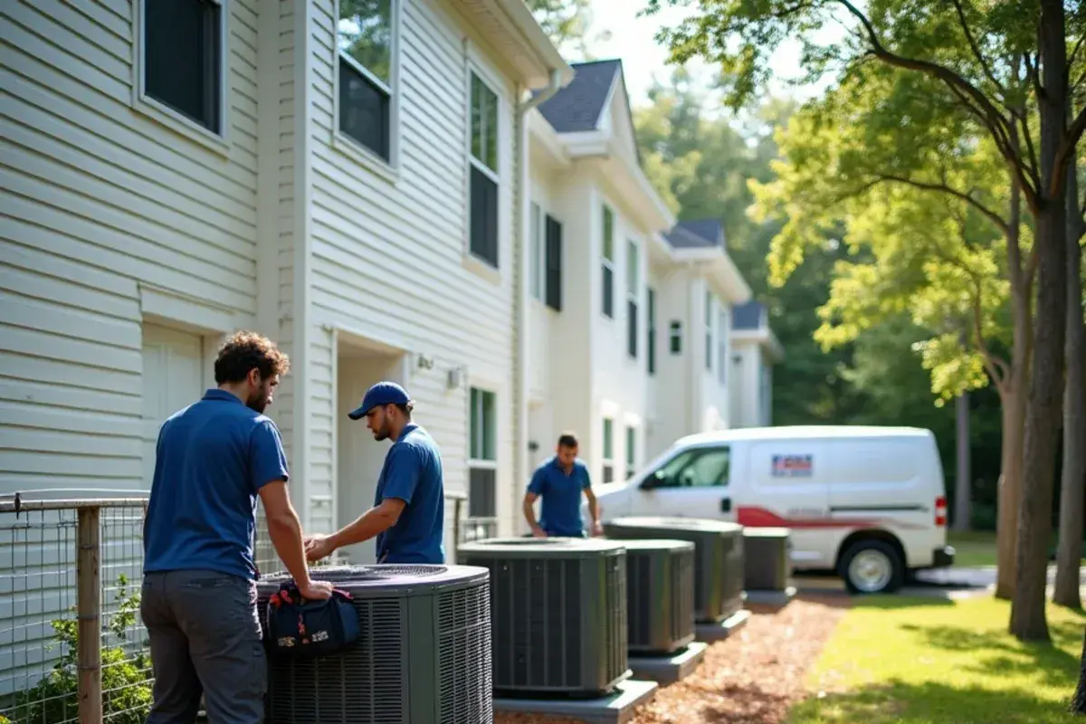 Row of two-story townhomes with outdoor AC condensers lined up behind them in the Midlands