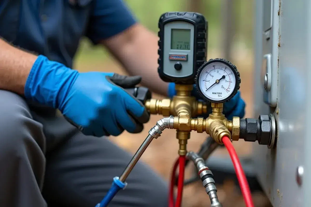 Digital refrigerant gauges connected to the service valves of an outdoor AC unit